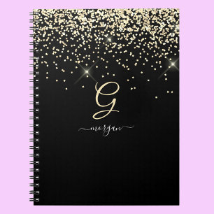 Guld Glitter & Monogram White Script Namn på Black Anteckningsbok