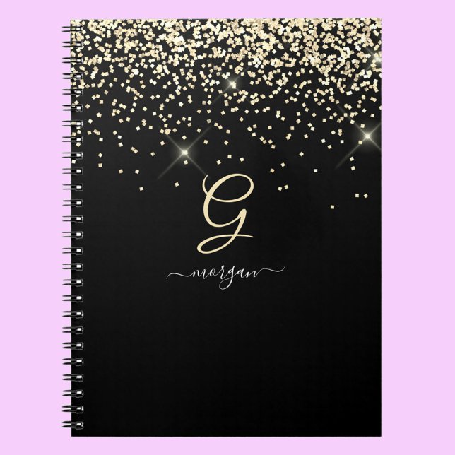 Guld Glitter & Monogram White Script Namn på Black Anteckningsbok (Skapare uppladdad)