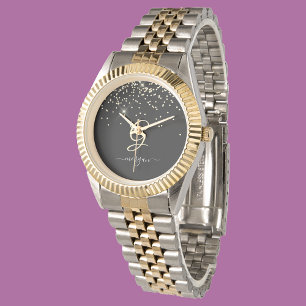 Guld Glitter & Monogram White Script Namn på Black Armbandsur