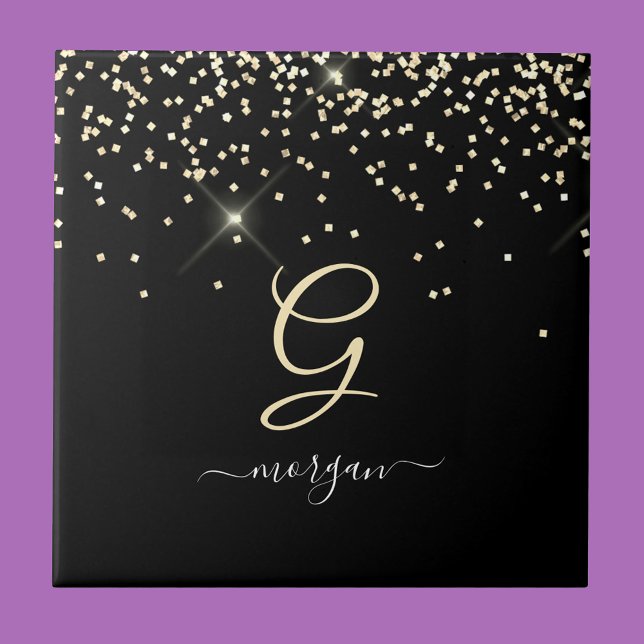 Guld Glitter & Monogram White Script Namn på Black Kakelplatta (Skapare uppladdad)