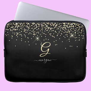 Guld Glitter & Monogram White Script Namn på Black Laptop Fodral