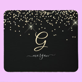 Guld Glitter & Monogram White Script Namn på Black Musmatta