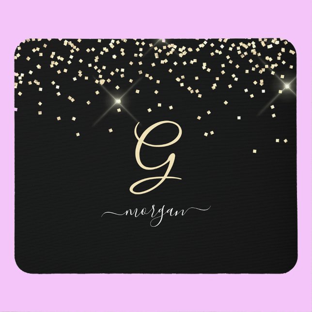 Guld Glitter & Monogram White Script Namn på Black Musmatta (Skapare uppladdad)