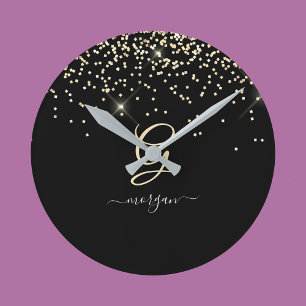 Guld Glitter & Monogram White Script Namn på Black Rund Klocka