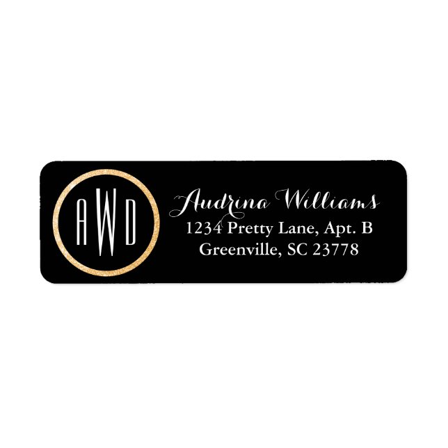 Guld Glitter Monogrammed svart svart Returadress Etikett (Framsidan)