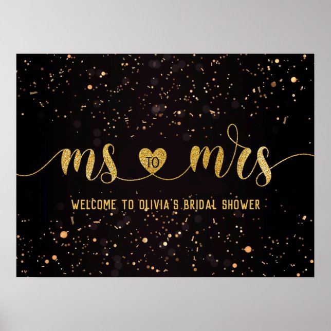 Guld Glitter Ms till Mrs Bröllopsfest Välkommen Poster (Framsidan)