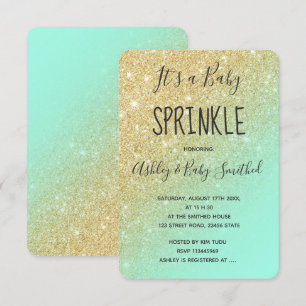 Guld glitter mynta grönt mbre baby sprinkning 2 inbjudningar