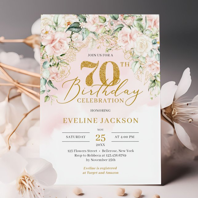 Guld glitter nummer: mjuk rosa ros 70-årsdag inbjudningar (Chic elegant soft pink roses greenery and gold 70th birthday invitation digital)
