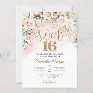 Guld glitter-nummer, mjuk rosa ros sweet sixteen inbjudningar