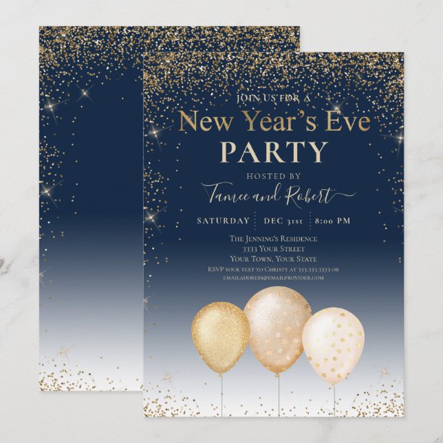 Guld Glitter Nyårsafton Party Inbjudningar (Fram/baksida)