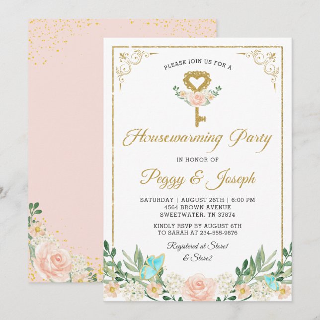 Guld Glitter Nyckel Ro Garden Houseuppvärmning Inb Inbjudningar (Fram/baksida)