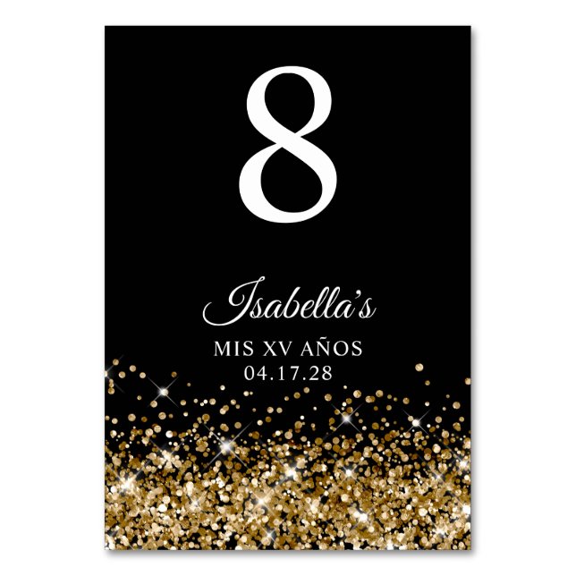 Guld Glitter och Black Mis XV Anos Bordsnummer (Framsidan)