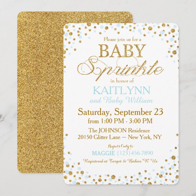 Guld Glitter och Blue Sprinkle Baby Shower Inbjudningar (Fram/baksida)