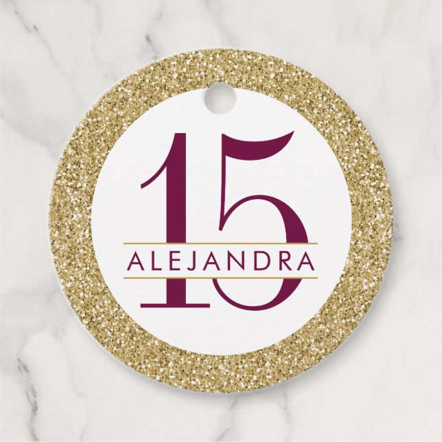 Guld Glitter och Burgundy Maroon Quince Años Gåvor Etiketter (Framsida)
