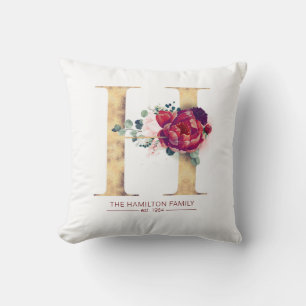 Guld Glitter och Burgundy Red Blommigt H Monogram Kudde