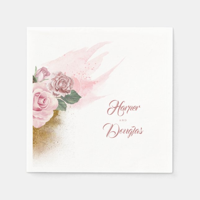 Guld Glitter och Dusty Ro Blommigt Bröllop Pappersservett (Framsidan)