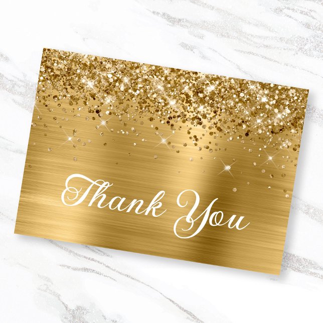Guld Glitter och Foil 50:e födelsedagen Tack Kort (Glittery Gold Flat Thank You Card)