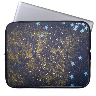 Guld glitter och glittrande blå stjärnor på svart laptop fodral