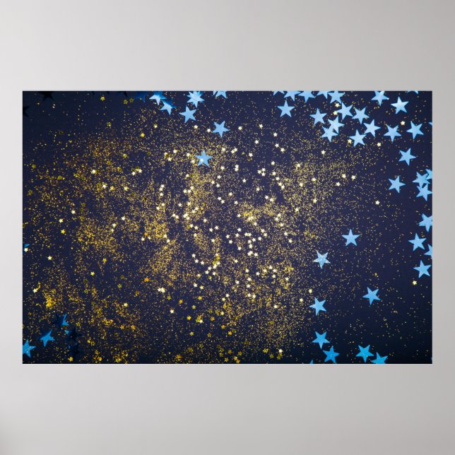 Guld glitter och glittrande blå stjärnor på svart  poster (Framsidan)