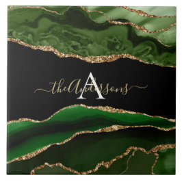 Guld Glitter och Grönt Agate Monogram Kakelplatta