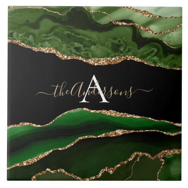 Guld Glitter och Grönt Agate Monogram Kakelplatta (Framsidan)