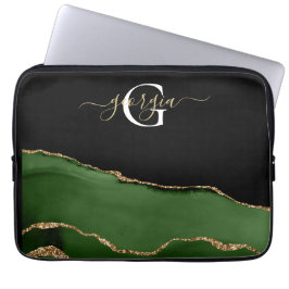 Guld Glitter och Grönt Agate Monogram Laptop Fodral