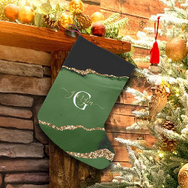 Guld Glitter och Grönt Agate Monogram Liten Julstrumpa