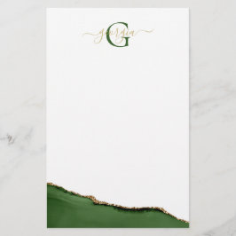 Guld Glitter och Grönt Agate Monogram Namn Brevpapper