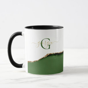 Guld Glitter och Grönt Agate Monogram Namn Mugg