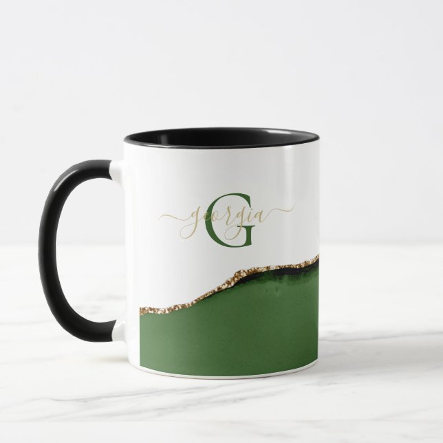 Guld Glitter och Grönt Agate Monogram Namn Mugg (Vänster)