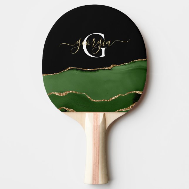 Guld Glitter och Grönt Agate Monogram Pingisracket (Framsidan)