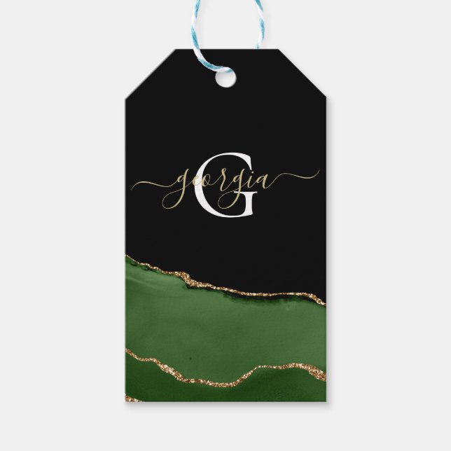 Guld Glitter och Grönt Agate Monogram Presentetikett (Framsidan)