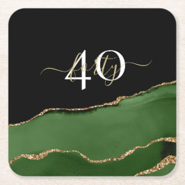 Guld Glitter och Grönt Agate Monogram Underlägg Papper Kvadrat