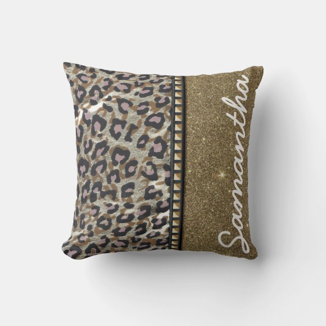 Guld- glitter- och LeopardMonogram Kudde (Framsida)