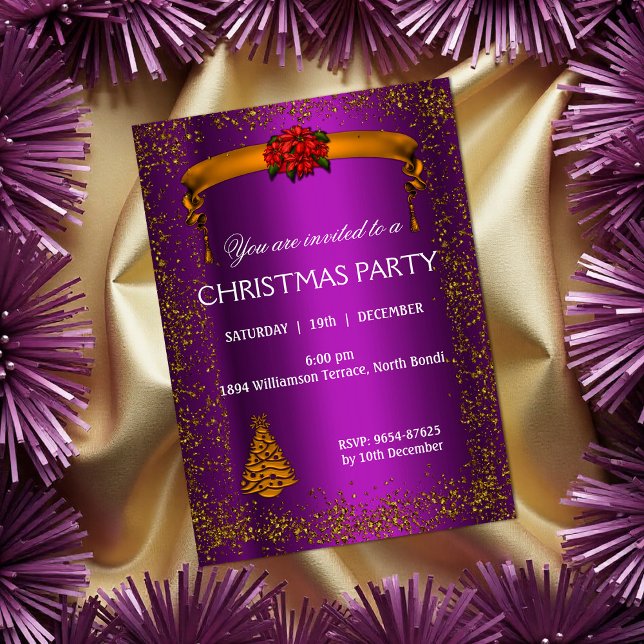 Guld Glitter och Lila jul Inbjudningar (Gold Glitter and Purple Christmas Party Invitation by the Olde Christmas Shoppe)