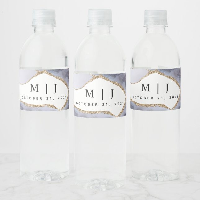 Guld Glitter och marinblått agate Bröllop Vattenflaskor Etikett (Flaskor)