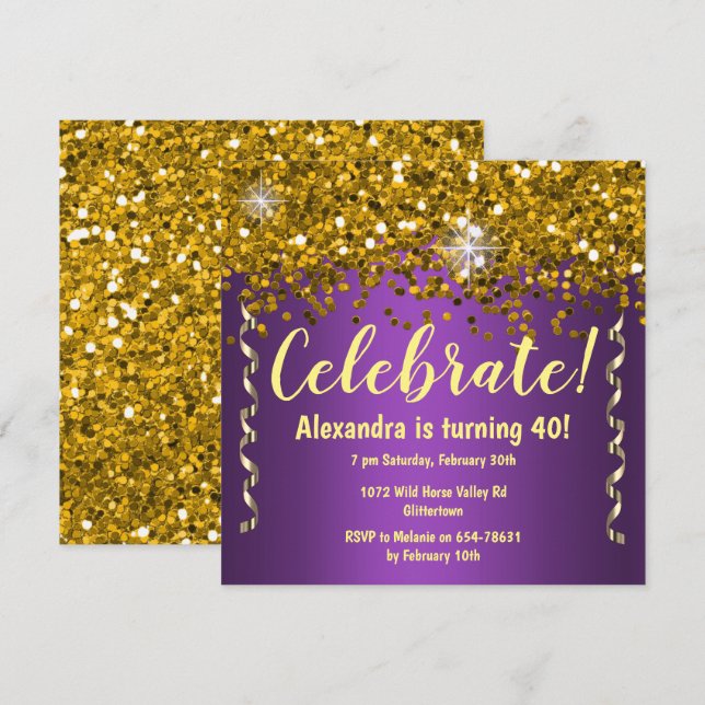 Guld Glitter och metallisk Lila 40:e födelsedagen Inbjudningar (Fram/baksida)