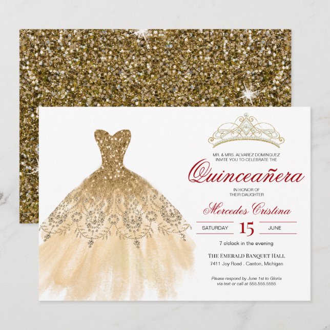 Guld Glitter och röd enkel Elegant Quinceañera Inbjudningar (Fram/baksida)