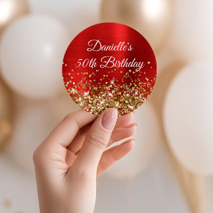 Guld Glitter och Röda oljor 50:e födelsedagen Runt Klistermärke