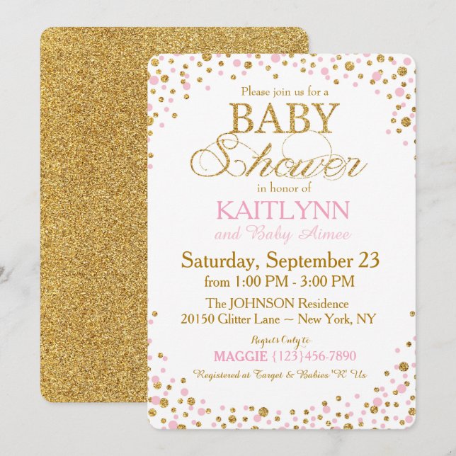 Guld Glitter och Rosa Sprinkle Baby Shower Inbjudningar (Fram/baksida)