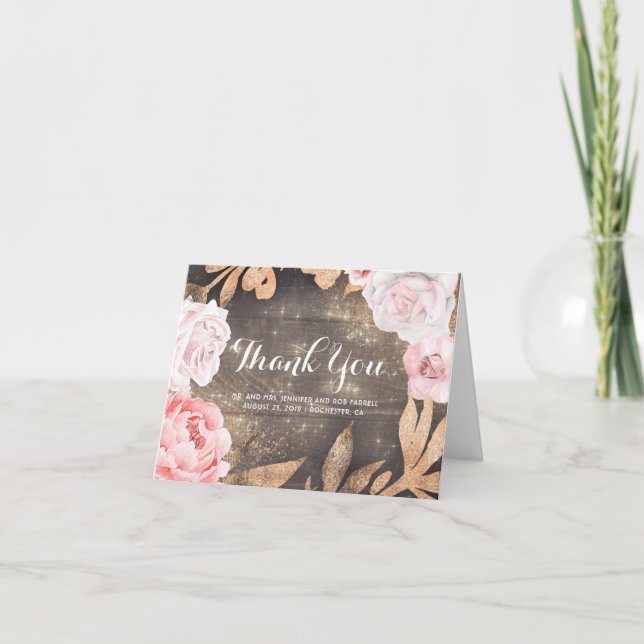 Guld- glitter- och rosablommor som gifta sig tack kort (Framsida)