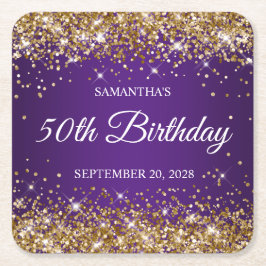 Guld Glitter och Royalets Lila 50:e födelsedagen Underlägg Papper Kvadrat