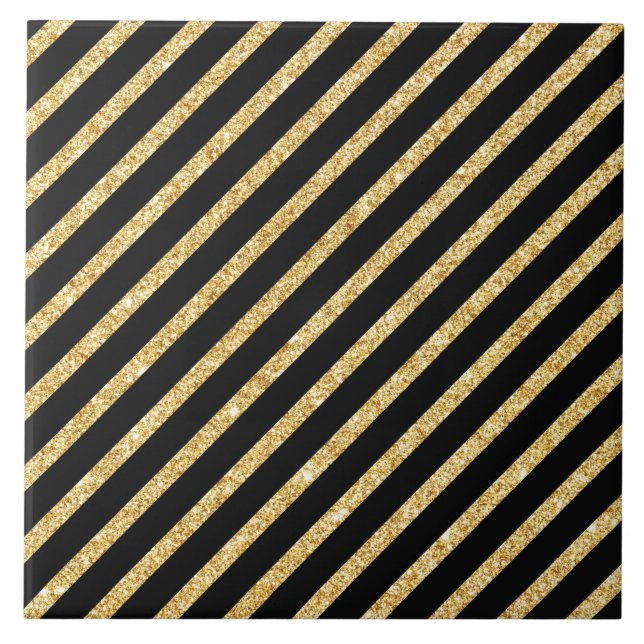 Guld- glitter och svart Diagonalrandmönster Kakelplatta (Framsidan)