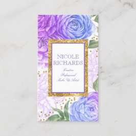 Guld Glitter och Vattenfärgsblått och Lila Blommig Visitkort