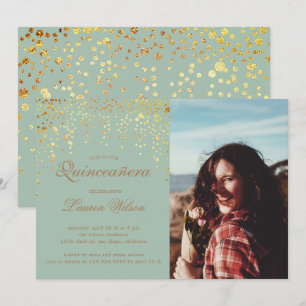guld glitter om grönt Quinceanera-fotoinbjudan Inbjudningar