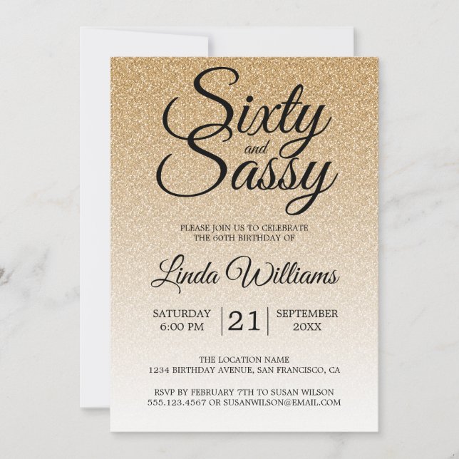 Guld Glitter Ombre 60 och Sassy 60:e födelsedagen Inbjudningar (Framsida)