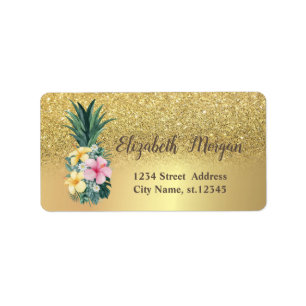 Guld Glitter Ombre Ananas Tropiska Blommor Adressetikett