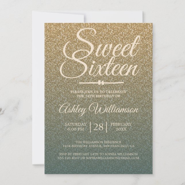 Guld Glitter Ombre Emerald Sweet 16 Birthday Inbjudningar (Framsida)