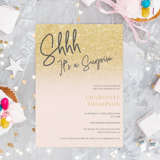 Guld glitter ombre rosa fotoöverraskning Sweet 16 Inbjudningar (Skapare uppladdad)