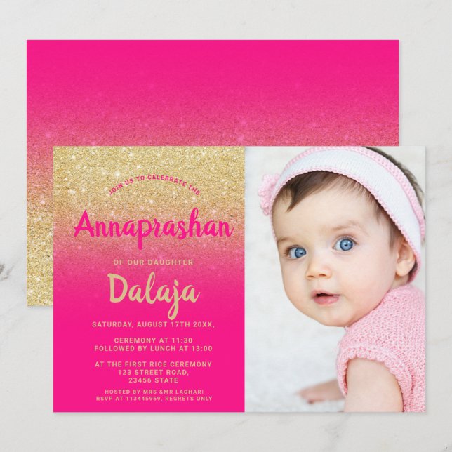 Guld glitter ombre rosa script foto Annaprashan Inbjudningar (Fram/baksida)